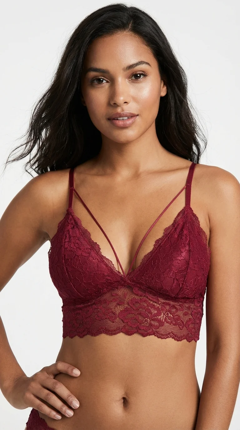 LunaIntim Bordo Strappy Dantel Bralet Göğüs Dekolteli Şeritli Büstiyer - Strappy Şeritli Detay